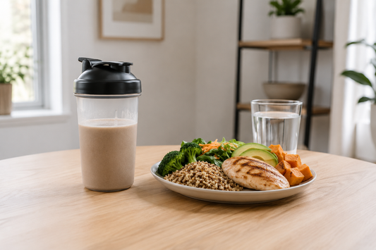 Comparaison entre un shake protéiné et un repas complet composé de plusieurs aliments sur une table.
