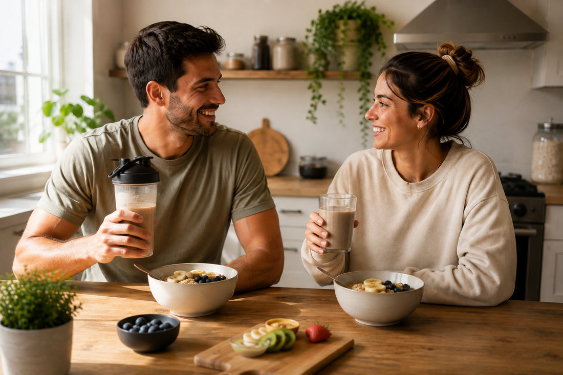 Couple prenant un déjeuner complet à une table de cuisine le matin.