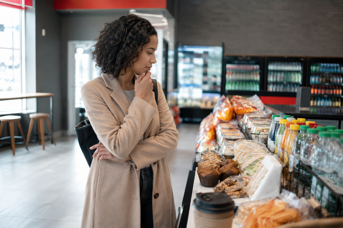 Personne choisissant quoi manger parmi différentes options rapides dans un dépanneur.